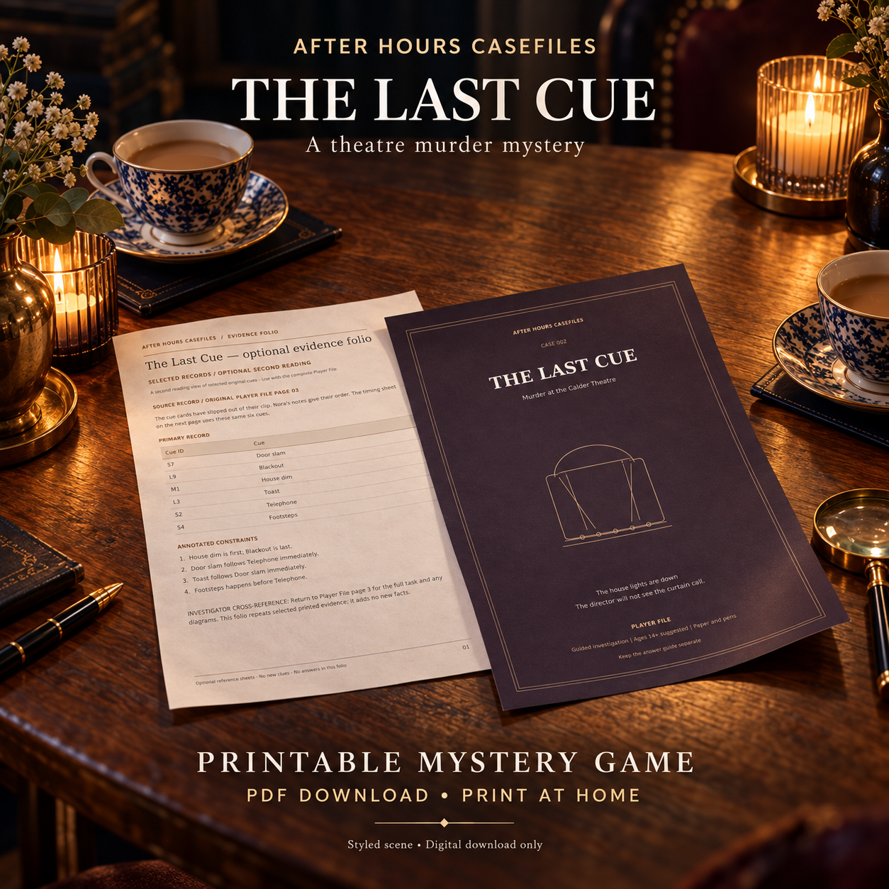 Styled scene for The Last Cue; decorative props are not included.