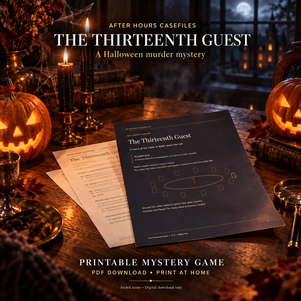 Styled scene for The Thirteenth Guest; decorative props are not included.