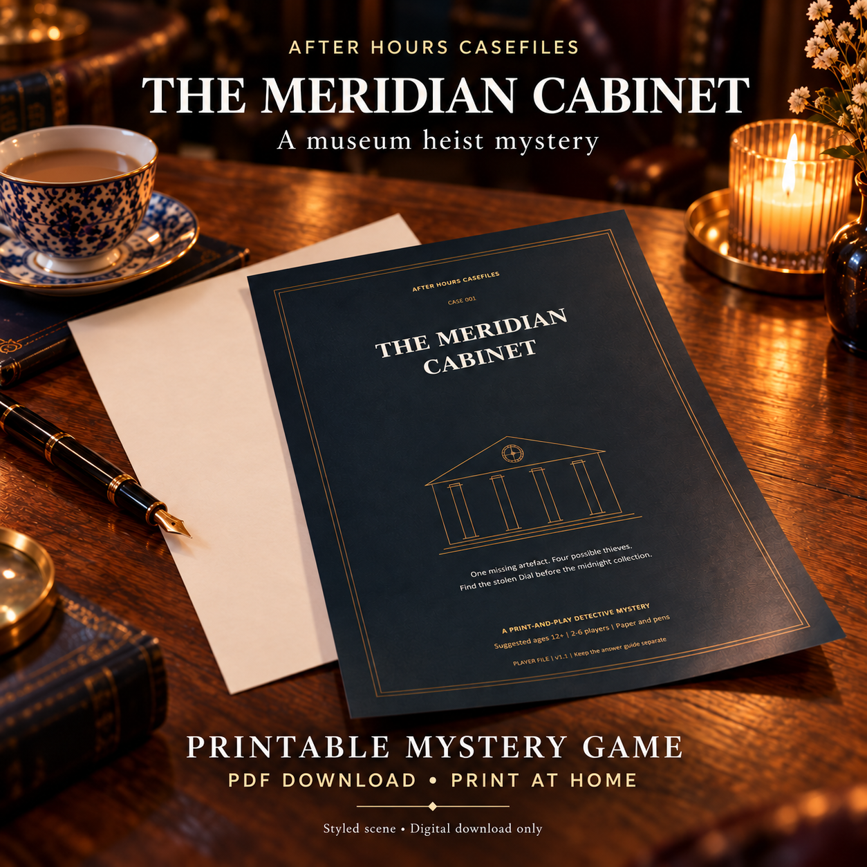 Styled museum mystery scene for The Meridian Cabinet. Digital PDFs are supplied; scene props are decorative.