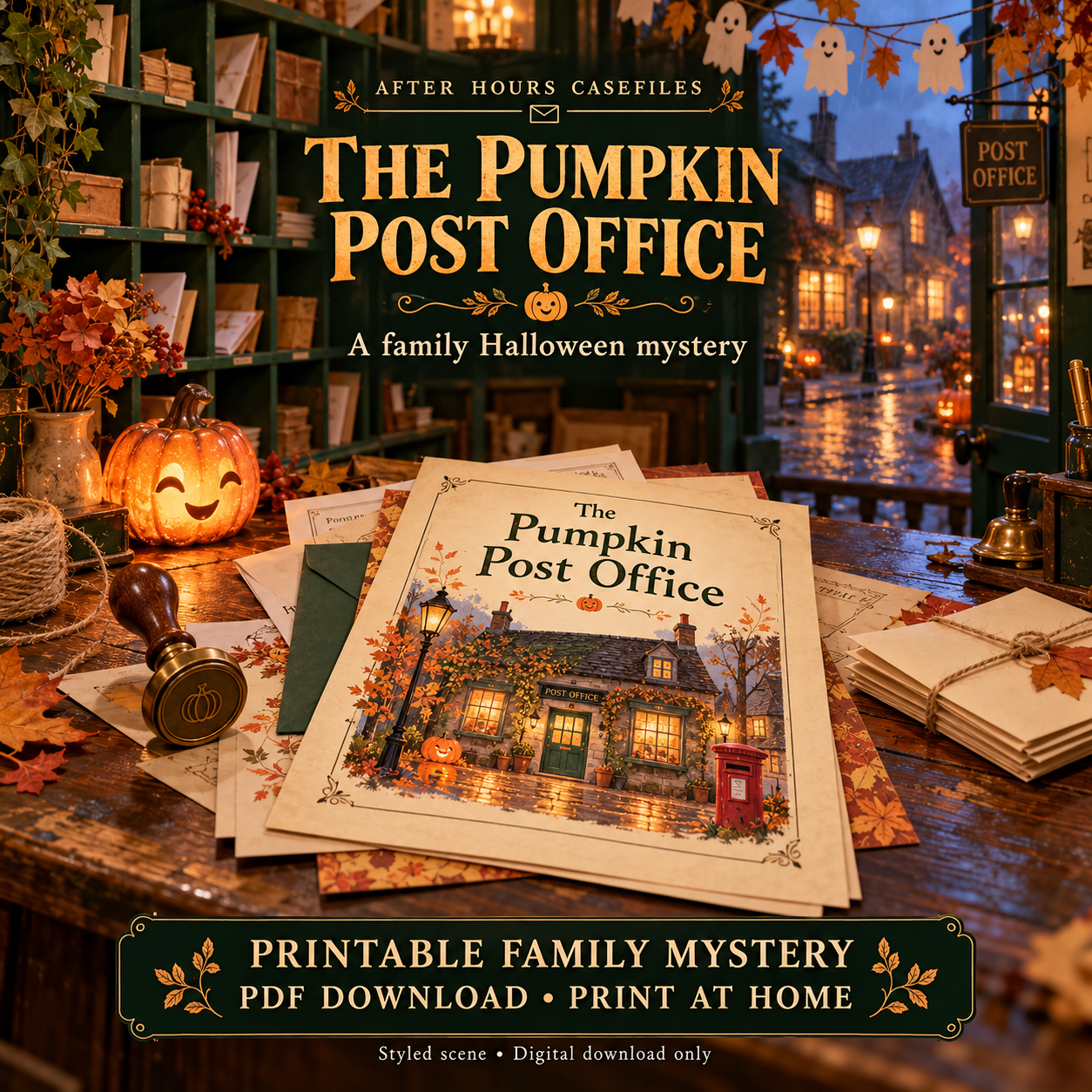 Styled scene for The Pumpkin Post Office; decorative props are not included.