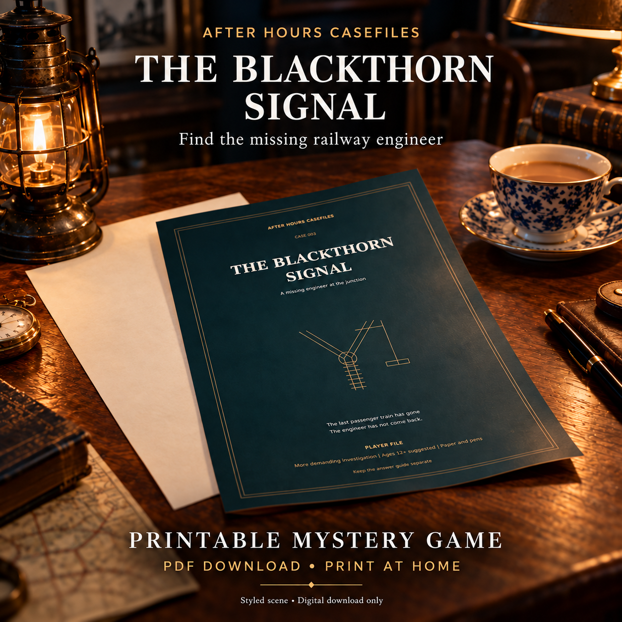 Styled scene for The Blackthorn Signal; decorative props are not included.